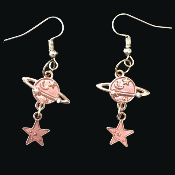 HAND Crafted Drop Earrings Celestial Planet and Stars Rhinestones Peach - Picture 1 of 5